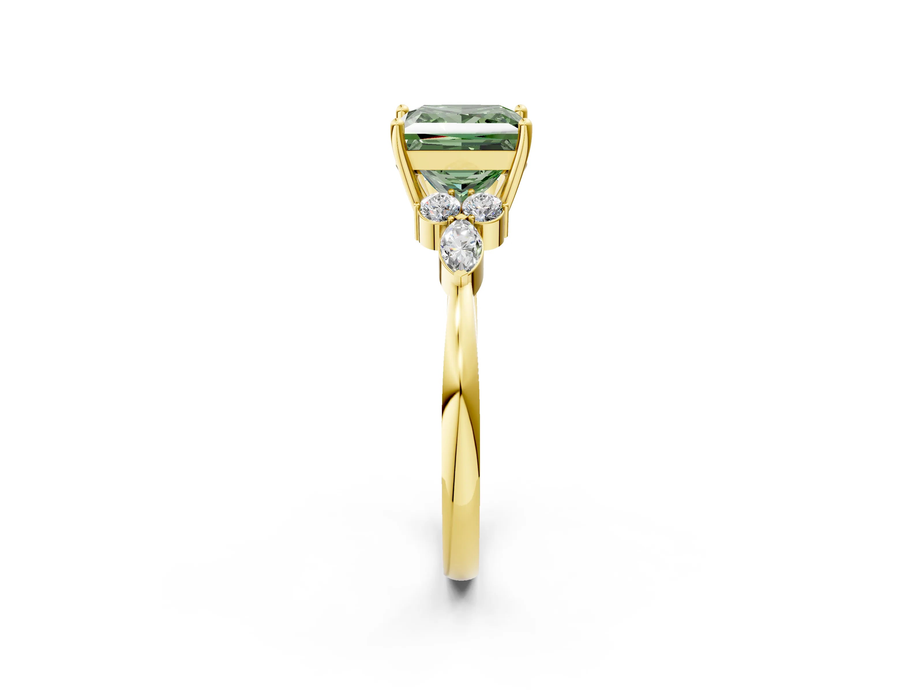 Yellow gold Fancy Green Princess Cut Brilliant Diamond Solitaire Ring with Pear Side Stones and Four-Prong Setting_5
