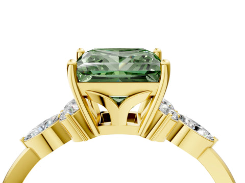 Yellow gold Fancy Green Princess Cut Brilliant Diamond Solitaire Ring with Pear Side Stones and Four-Prong Setting_7