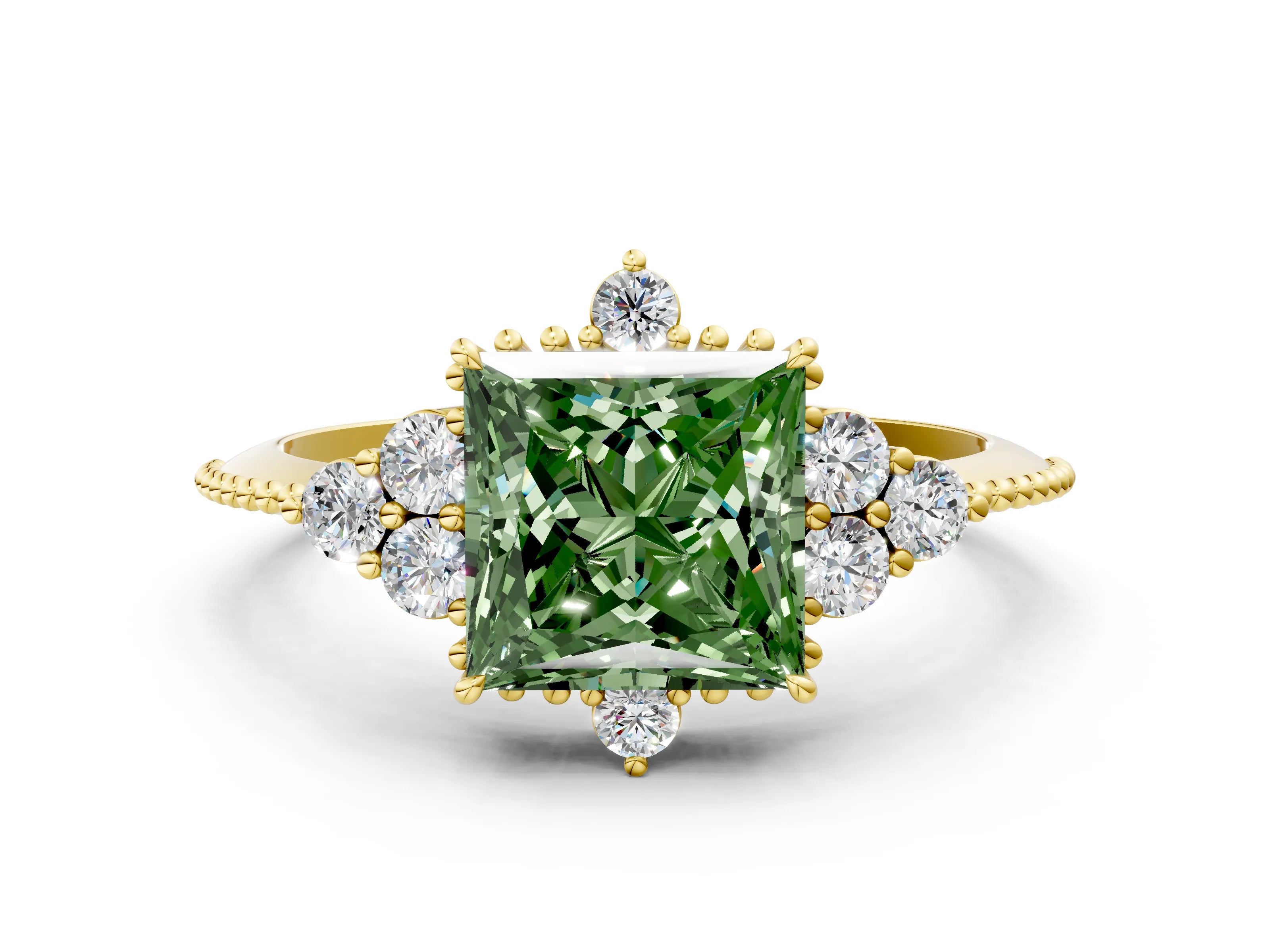 Yellow gold Fancy Green Princess Cut Brilliant Diamond with Cluster Setting on a Beaded Band and Four-Prong Setting