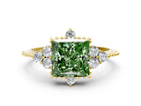 Yellow gold Fancy Green Princess Cut Brilliant Diamond with Cluster Setting on a Beaded Band and Four-Prong Setting