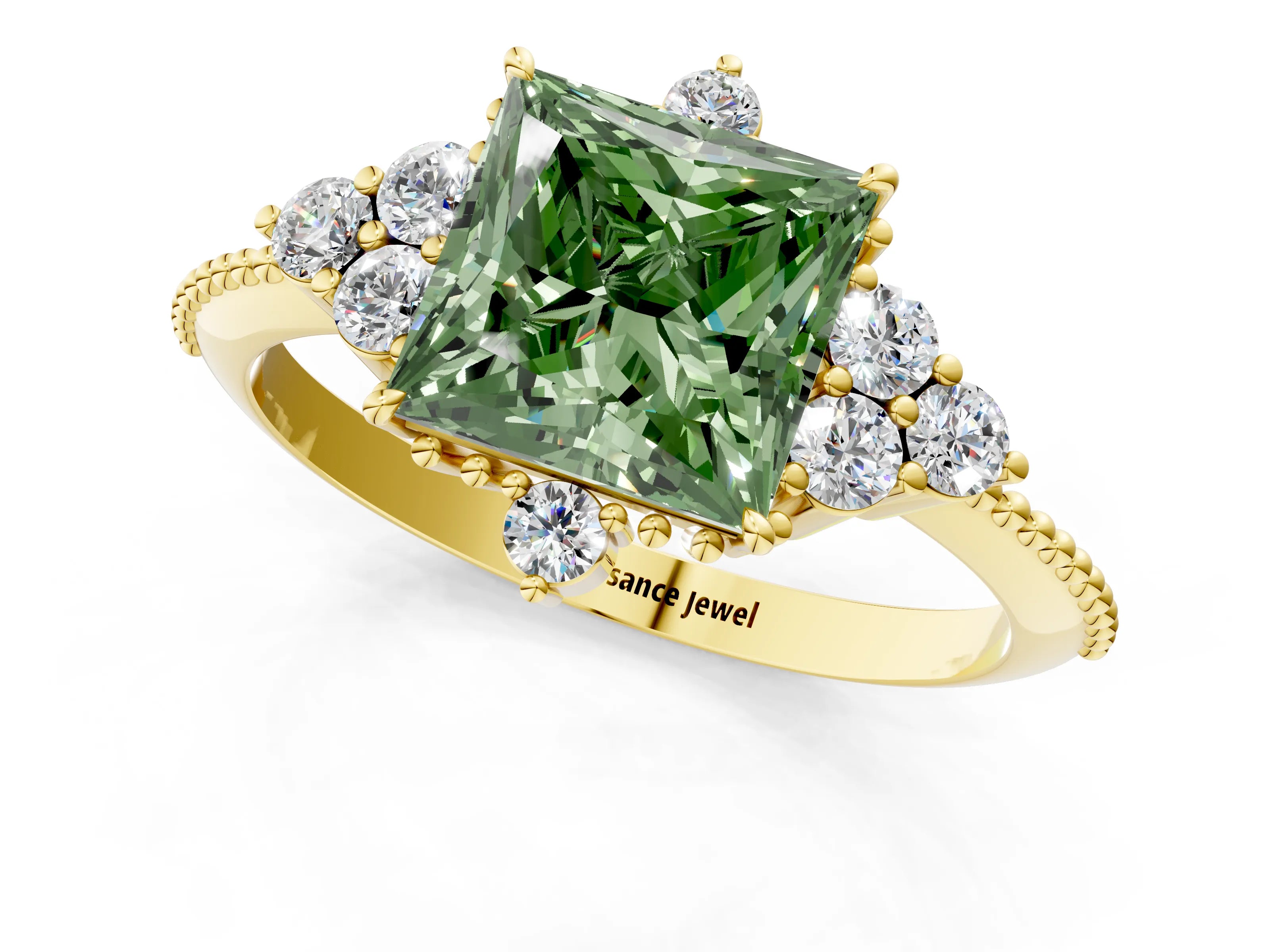 Yellow gold Fancy Green Princess Cut Brilliant Diamond with Cluster Setting on a Beaded Band and Four-Prong Setting_1