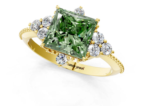 Yellow gold Fancy Green Princess Cut Brilliant Diamond with Cluster Setting on a Beaded Band and Four-Prong Setting_1