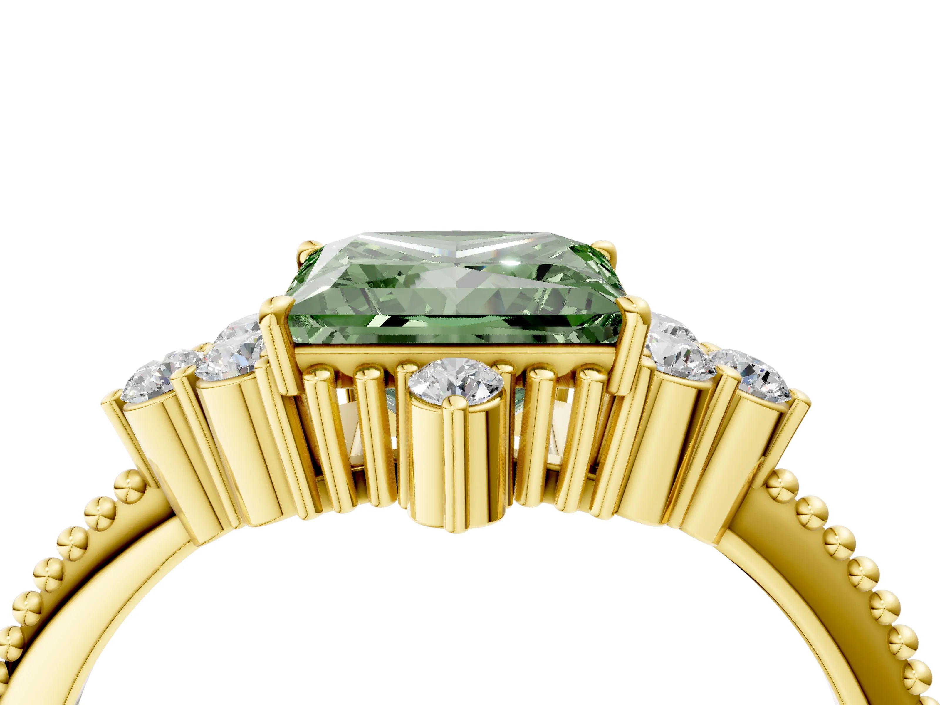 Yellow gold Fancy Green Princess Cut Brilliant Diamond with Cluster Setting on a Beaded Band and Four-Prong Setting_4
