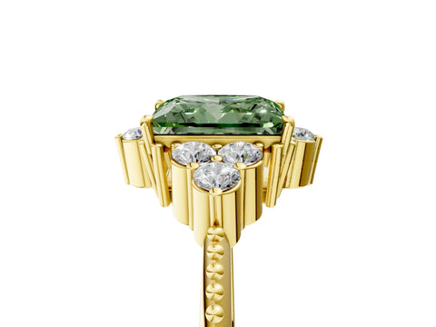 Yellow gold Fancy Green Princess Cut Brilliant Diamond with Cluster Setting on a Beaded Band and Four-Prong Setting_5