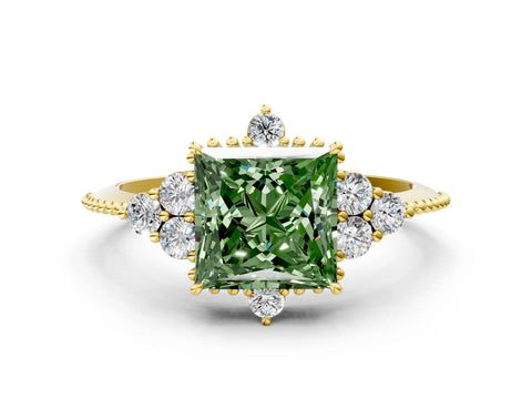 Yellow gold Fancy Green Princess Cut Brilliant Diamond with Cluster Setting on a Beaded Band and Four-Prong Setting