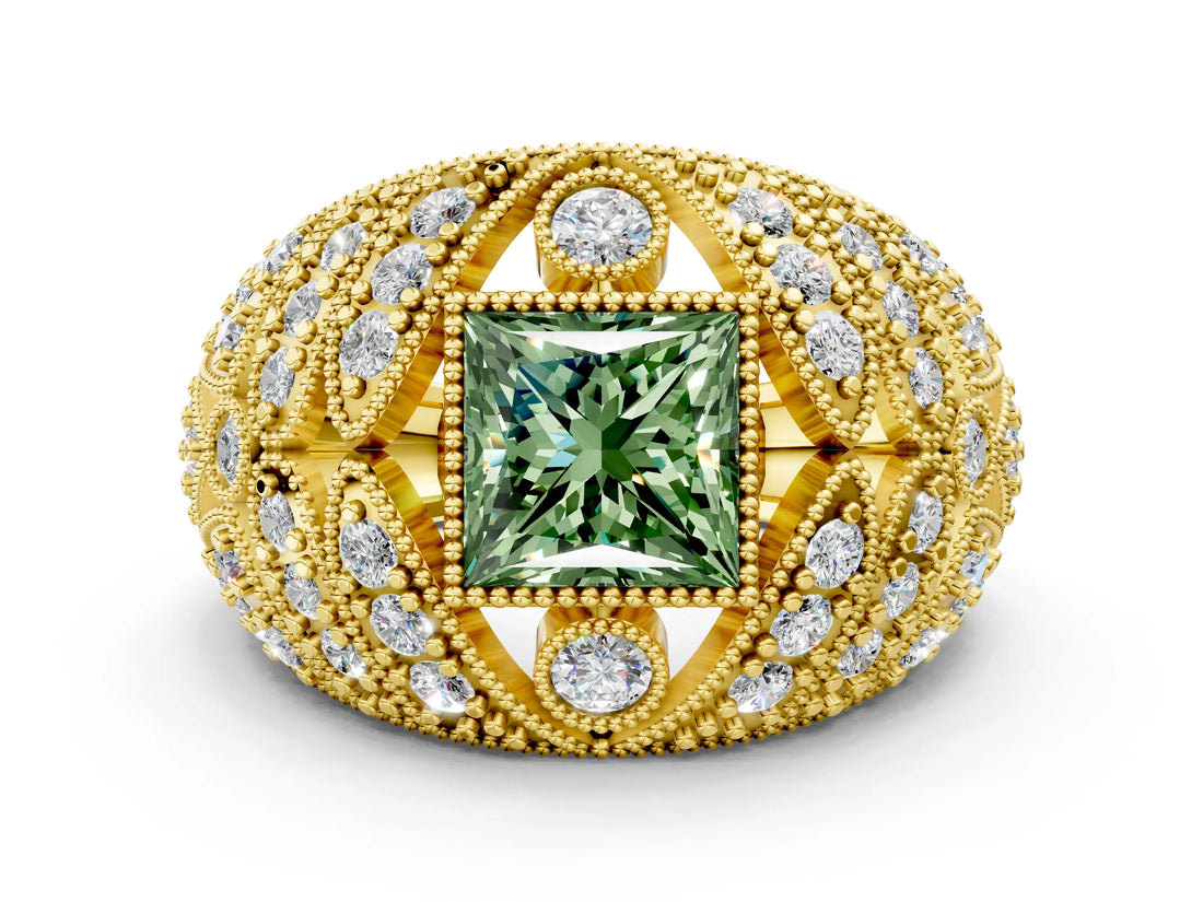 Yellow gold Fancy Green Princess Cut Brilliant Halo Pave Diamond Milgrain Ring