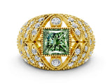 Yellow gold Fancy Green Princess Cut Brilliant Halo Pave Diamond Milgrain Ring