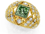 Yellow gold Fancy Green Princess Cut Brilliant Halo Pave Diamond Milgrain Ring_1