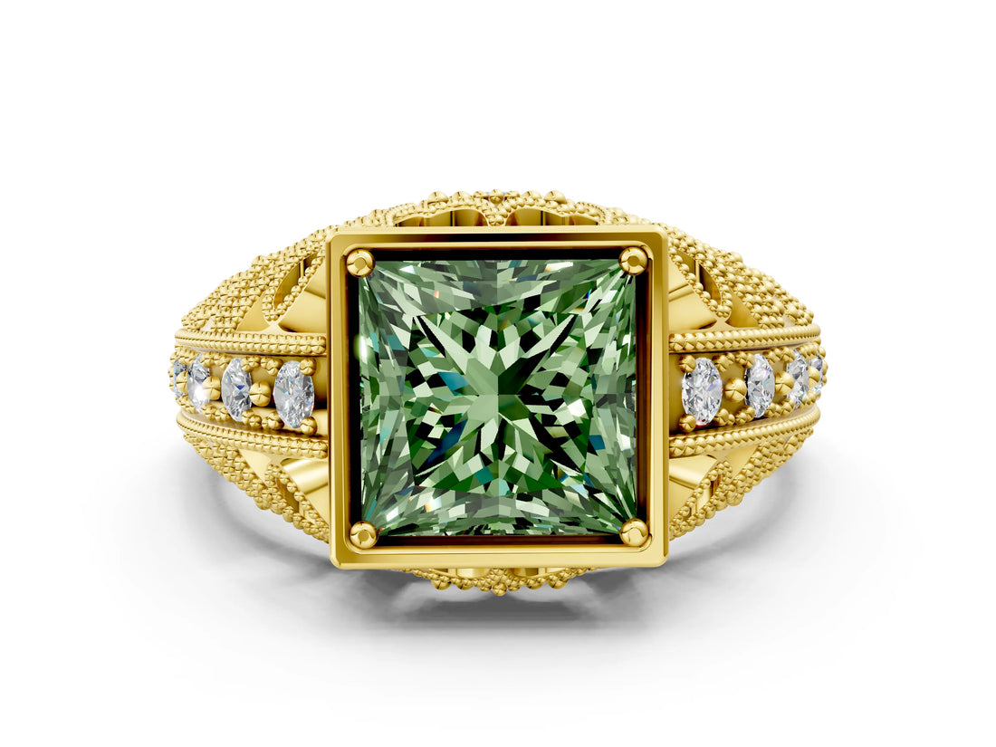 Yellow gold Fancy Green Princess Cut Brilliant Milgrain Filigree Diamond Ring with Square Prong Setting