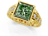 Yellow gold Fancy Green Princess Cut Brilliant Milgrain Filigree Diamond Ring with Square Prong Setting_1
