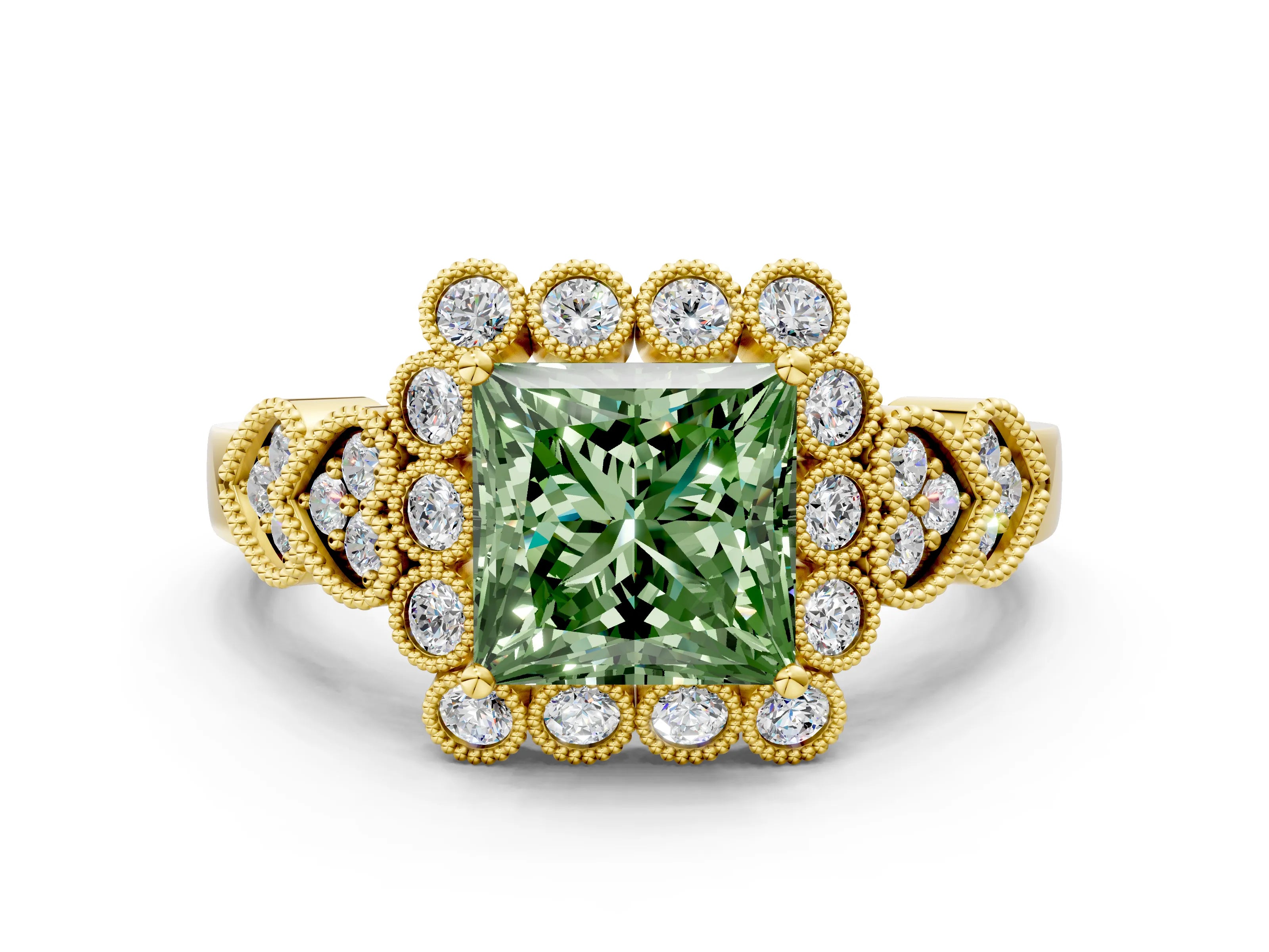 Yellow gold Fancy Green Princess Cut Brilliant Milgrain Pave Heart Band Solitaire Ring