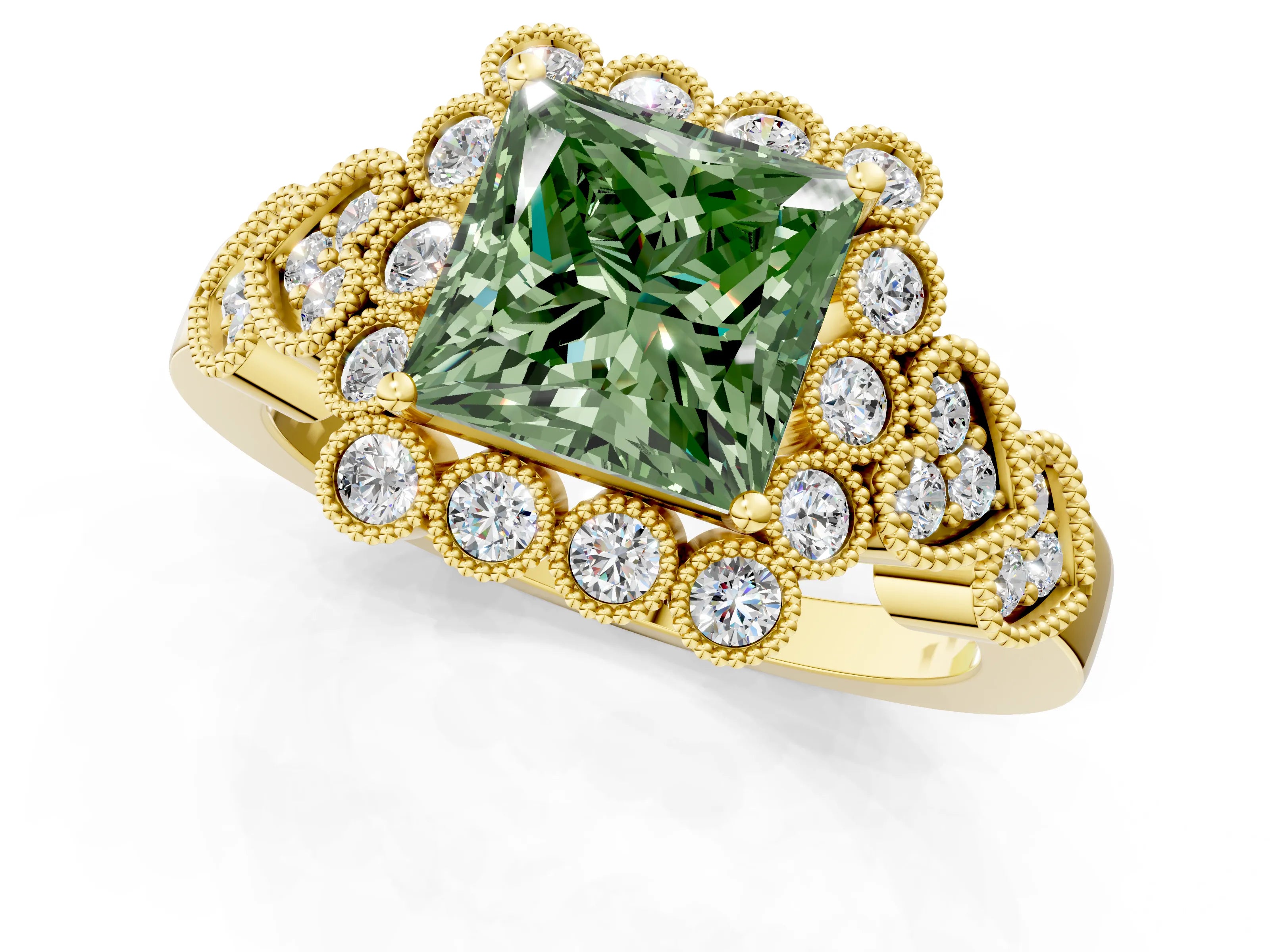Yellow gold Fancy Green Princess Cut Brilliant Milgrain Pave Heart Band Solitaire Ring_1