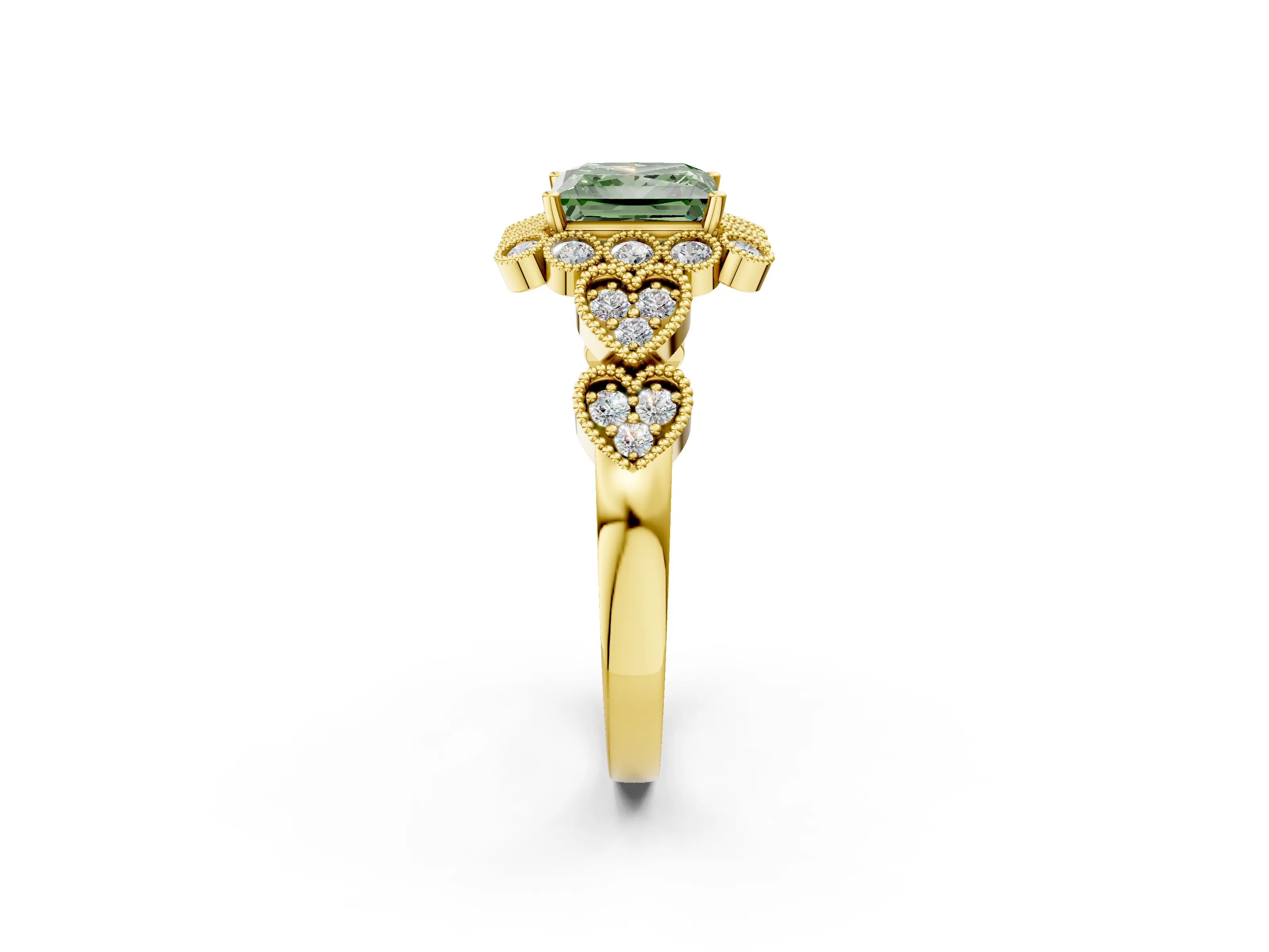 Yellow gold Fancy Green Princess Cut Brilliant Milgrain Pave Heart Band Solitaire Ring_2