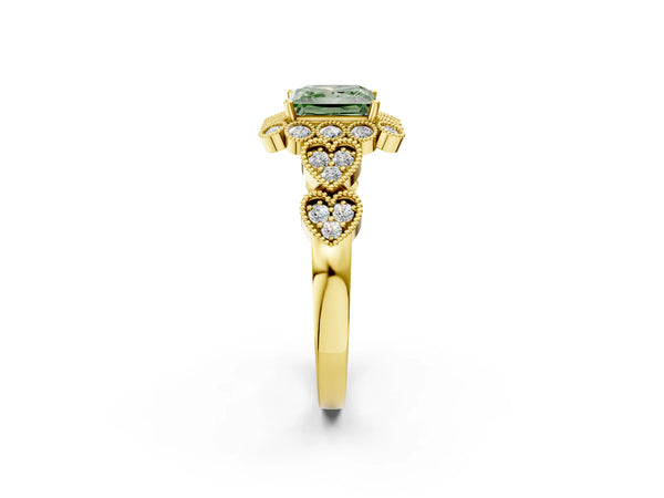 Yellow Gold Princess Cut Milgrain Halo Engagement Ring Setting for Fancy Green Center