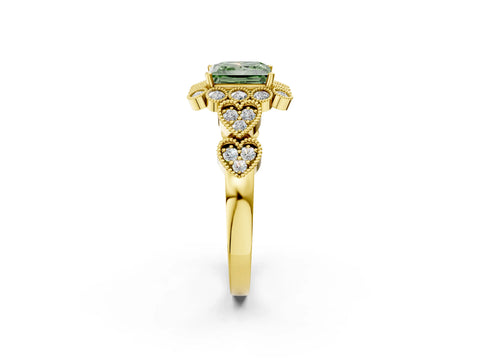 Yellow gold Fancy Green Princess Cut Brilliant Milgrain Pave Heart Band Solitaire Ring_2