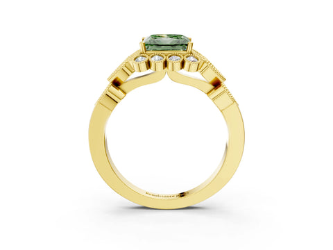 Yellow gold Fancy Green Princess Cut Brilliant Milgrain Pave Heart Band Solitaire Ring_3
