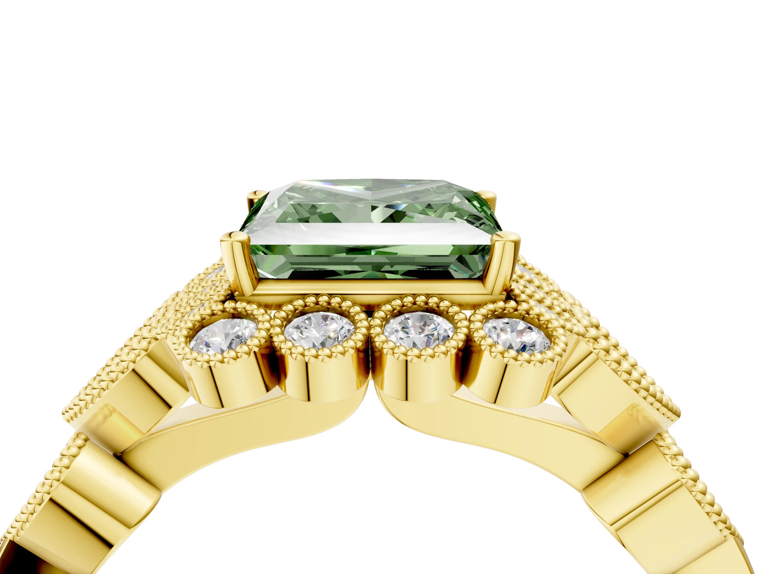 Yellow gold Fancy Green Princess Cut Brilliant Milgrain Pave Heart Band Solitaire Ring_4