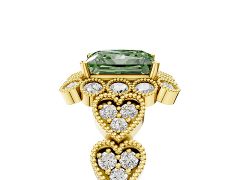 Yellow gold Fancy Green Princess Cut Brilliant Milgrain Pave Heart Band Solitaire Ring_5
