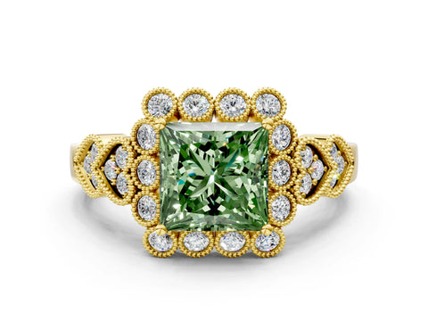 Yellow gold Fancy Green Princess Cut Brilliant Milgrain Pave Heart Band Solitaire Ring