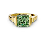 Yellow gold Fancy Green Princess Cut Brilliant Solitaire Diamond Ring with Channel Set Band and Bar Prong Setting