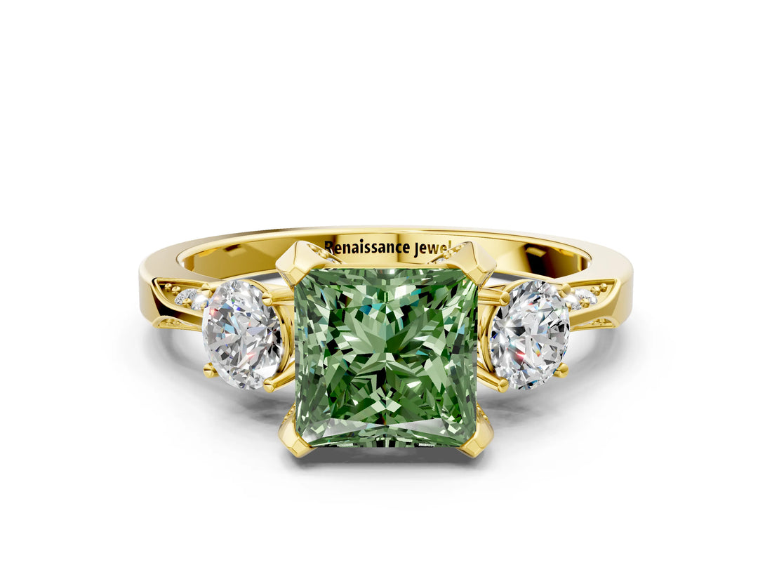 Yellow gold Fancy Green Princess Cut Brilliant Three-Stone Diamond Ring with Pavé Band and Four-Prong Setting_15