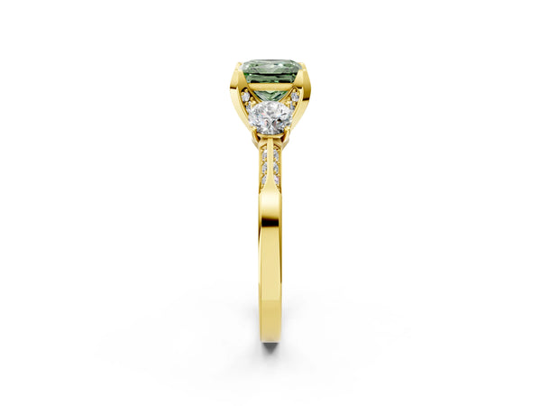Yellow gold Fancy Green Princess Cut Brilliant Three-Stone Diamond Ring with Pavé Band and Four-Prong Setting