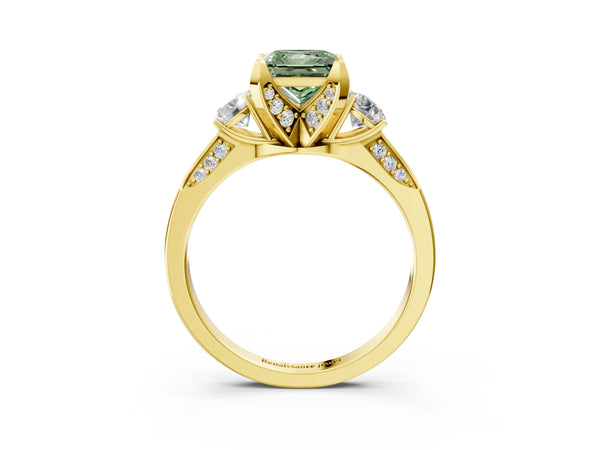 Yellow gold Fancy Green Princess Cut Brilliant Three-Stone Diamond Ring with Pavé Band and Four-Prong Setting