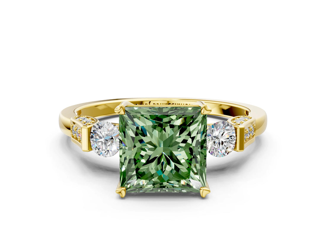 Yellow gold Fancy Green Princess Cut Brilliant Three-Stone Pave Band with Four-Prong Setting