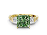 Yellow gold Fancy Green Princess Cut Brilliant Three-Stone Pave Band with Four-Prong Setting