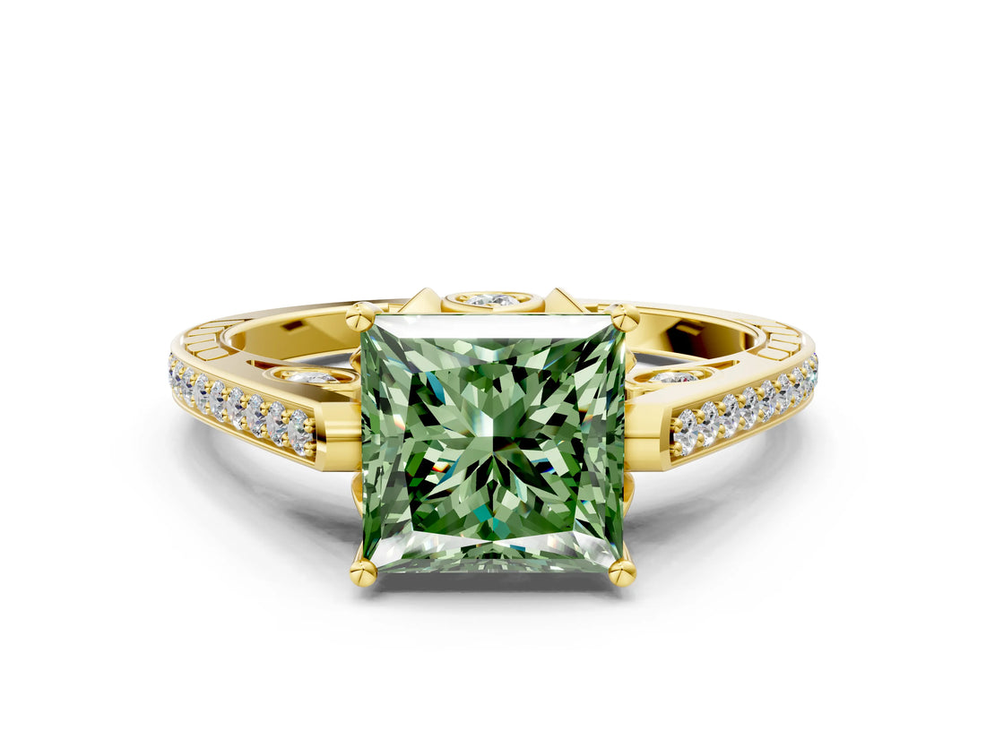 Yellow gold Fancy Green Princess  Cut Cathedral Pave Diamond Engagement Ring with Six-Prong Setting_33