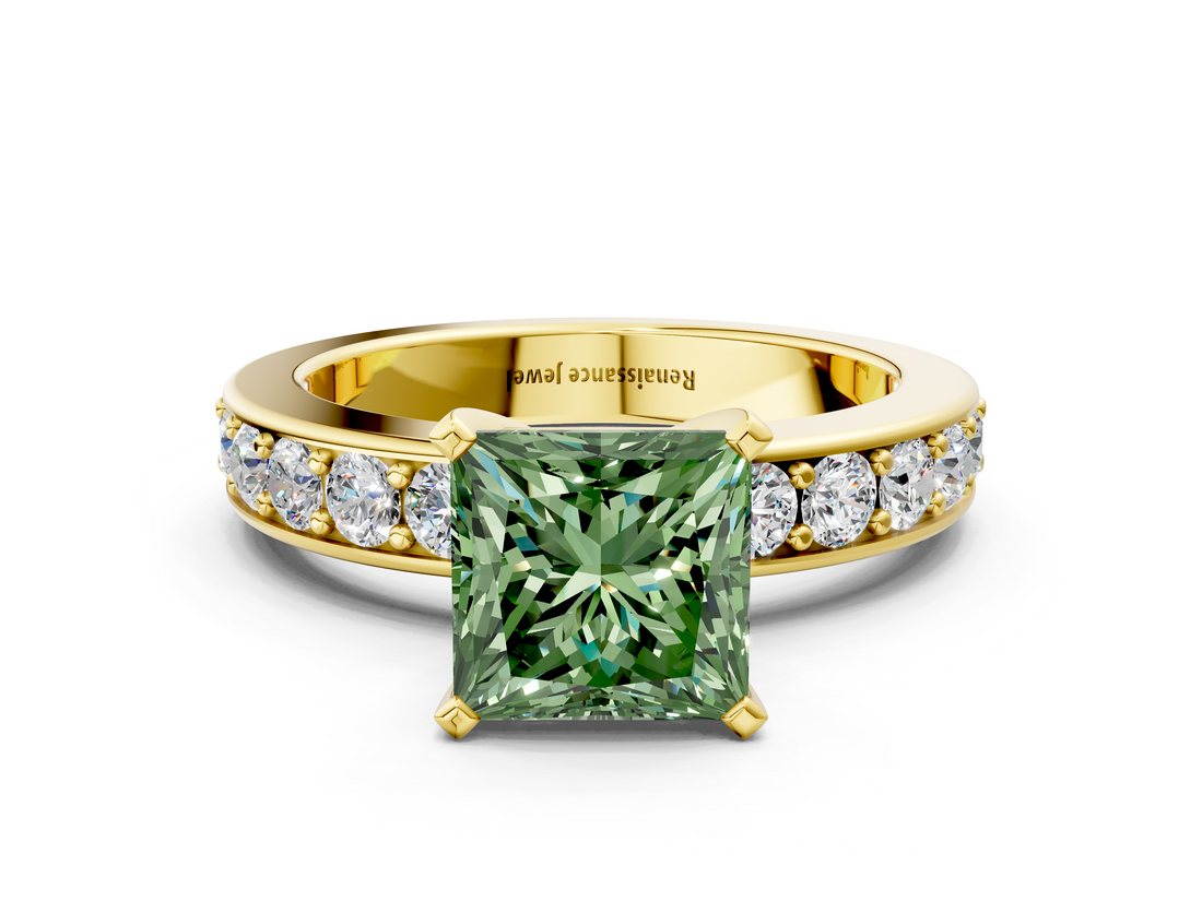 Yellow gold Fancy Green Princess  Cut Channel Set Diamond Engagement Ring with Four-Prong Setting