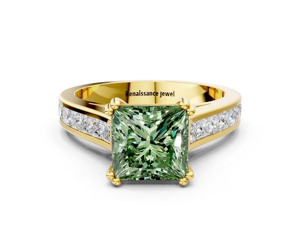 Yellow gold Fancy Green Princess  Cut Channel Set Solitaire Engagement Ring with Prong Setting