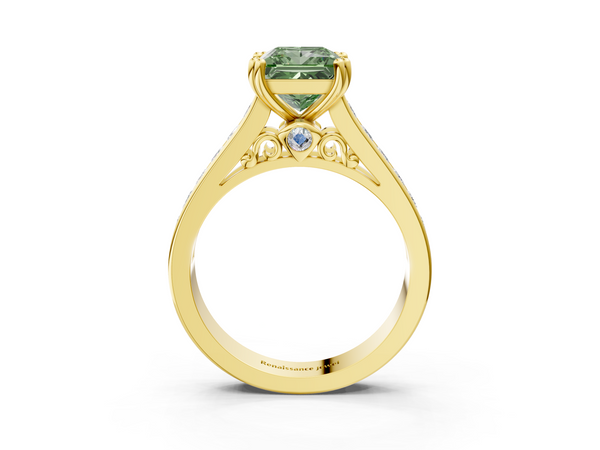 Yellow gold Fancy Green Princess  Cut Channel Set Solitaire Engagement Ring with Prong Setting