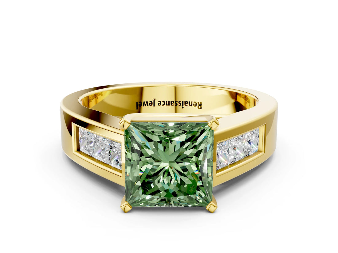 Yellow gold Fancy Green Princess Cut Cut Channel Set Solitaire Ring with Four-Prong Setting