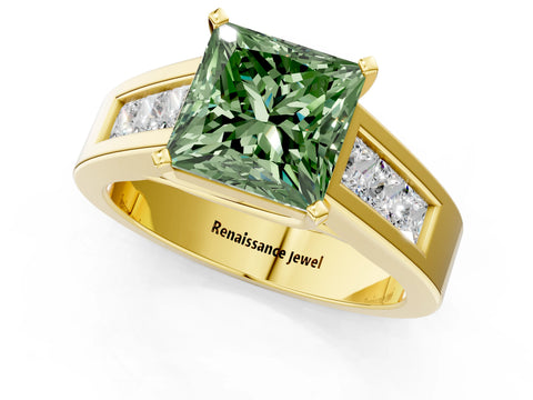 Yellow gold Fancy Green Princess Cut Cut Channel Set Solitaire Ring with Four-Prong Setting_1