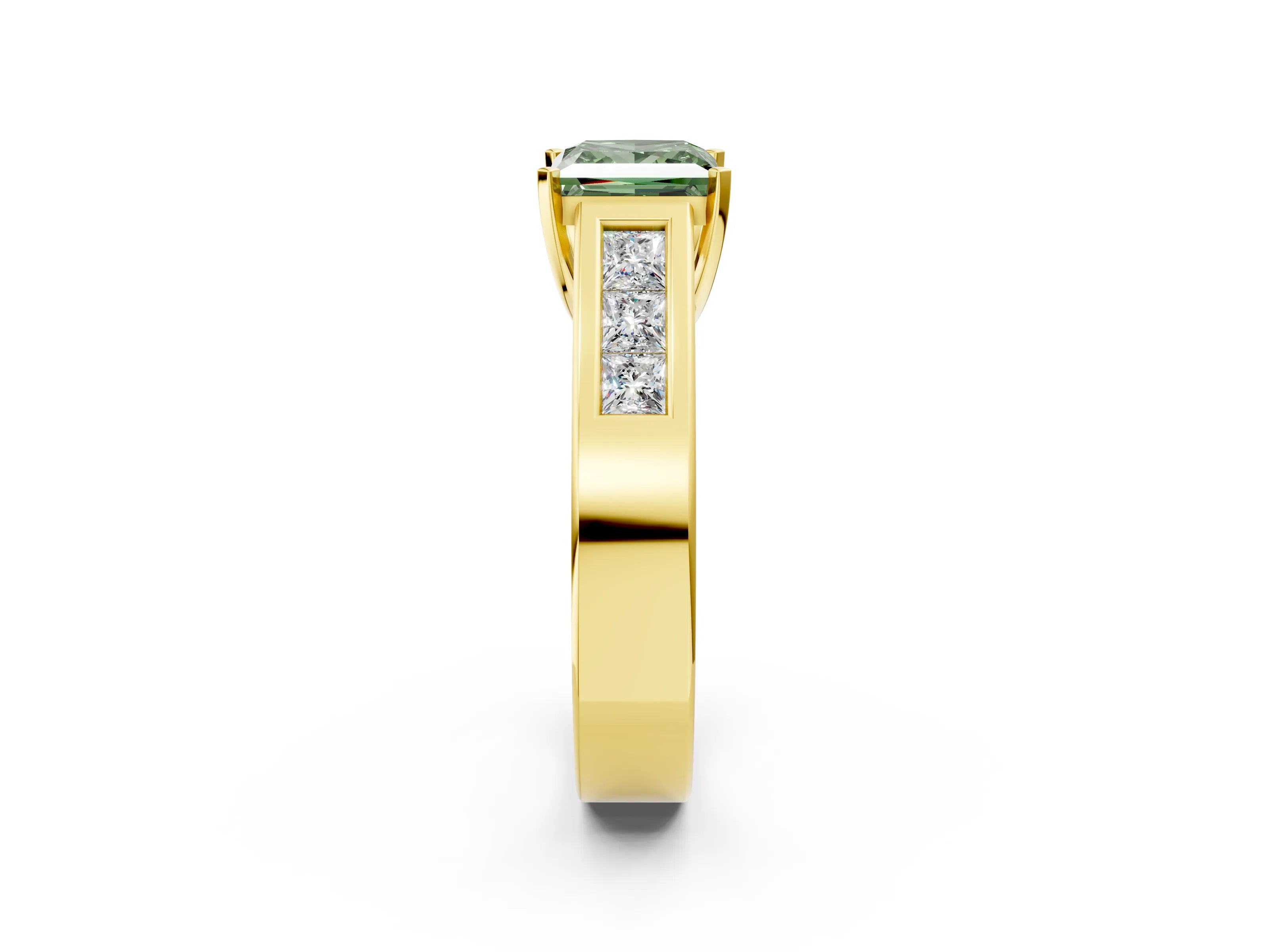 Yellow gold Fancy Green Princess Cut Cut Channel Set Solitaire Ring with Four-Prong Setting_2