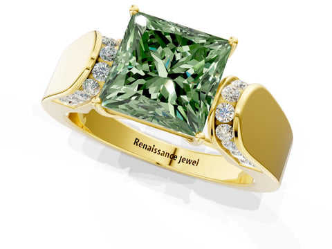 Yellow gold Fancy Green Princess Cut Cut Diamond Channel Set Solitaire Ring with Four-Prong Setting_1