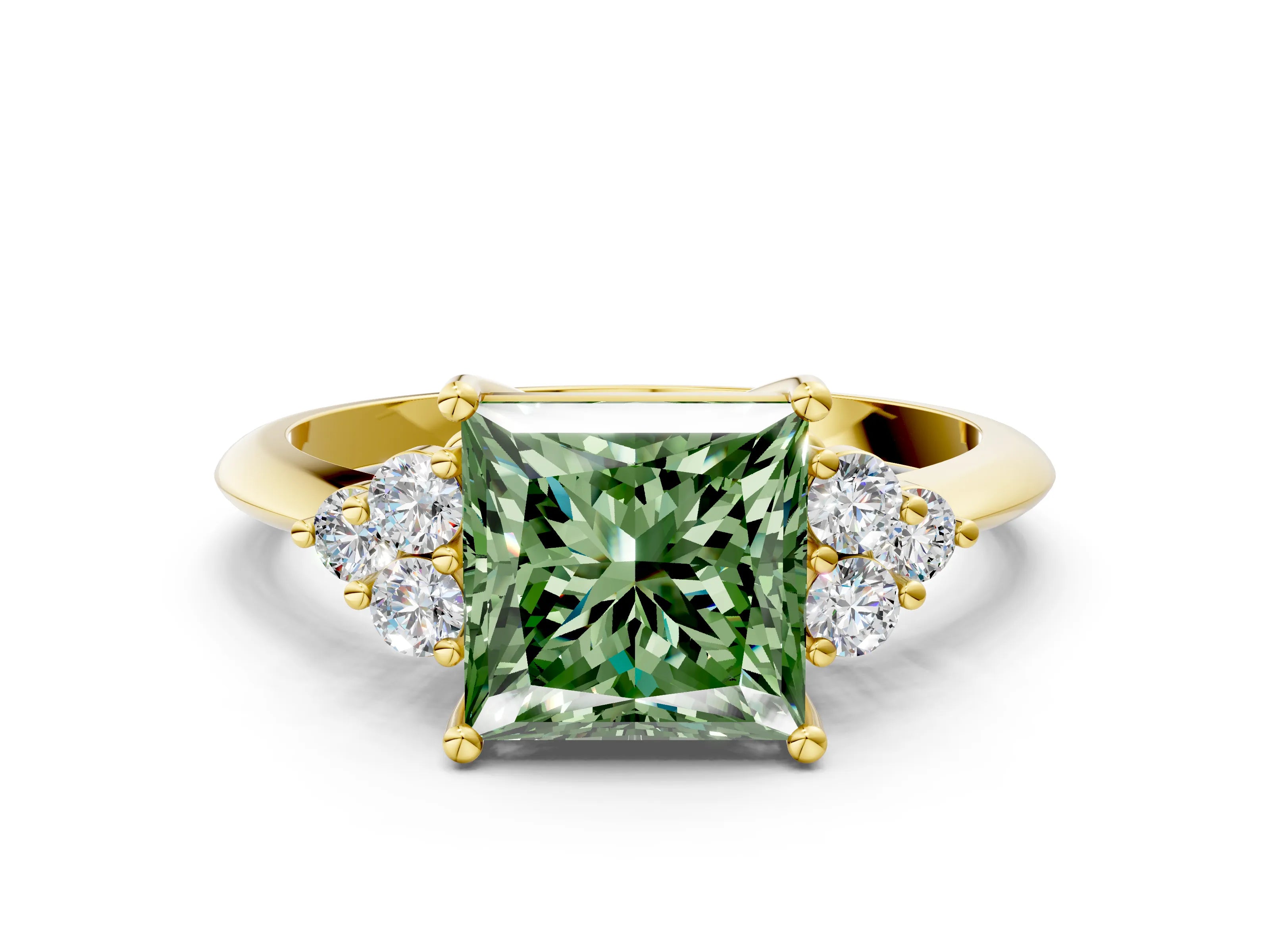 Yellow gold Fancy Green Princess Cut Cut Diamond Cluster Ring with Solitaire Band and Four-Prong Setting_12