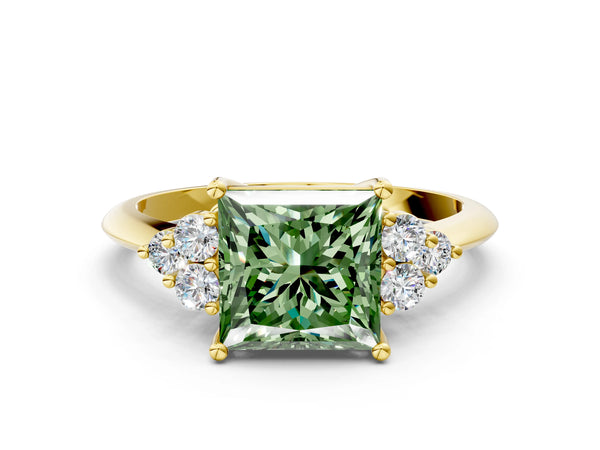 Yellow Gold Princess Cut Cluster Accent Engagement Ring Setting for Fancy Green Center