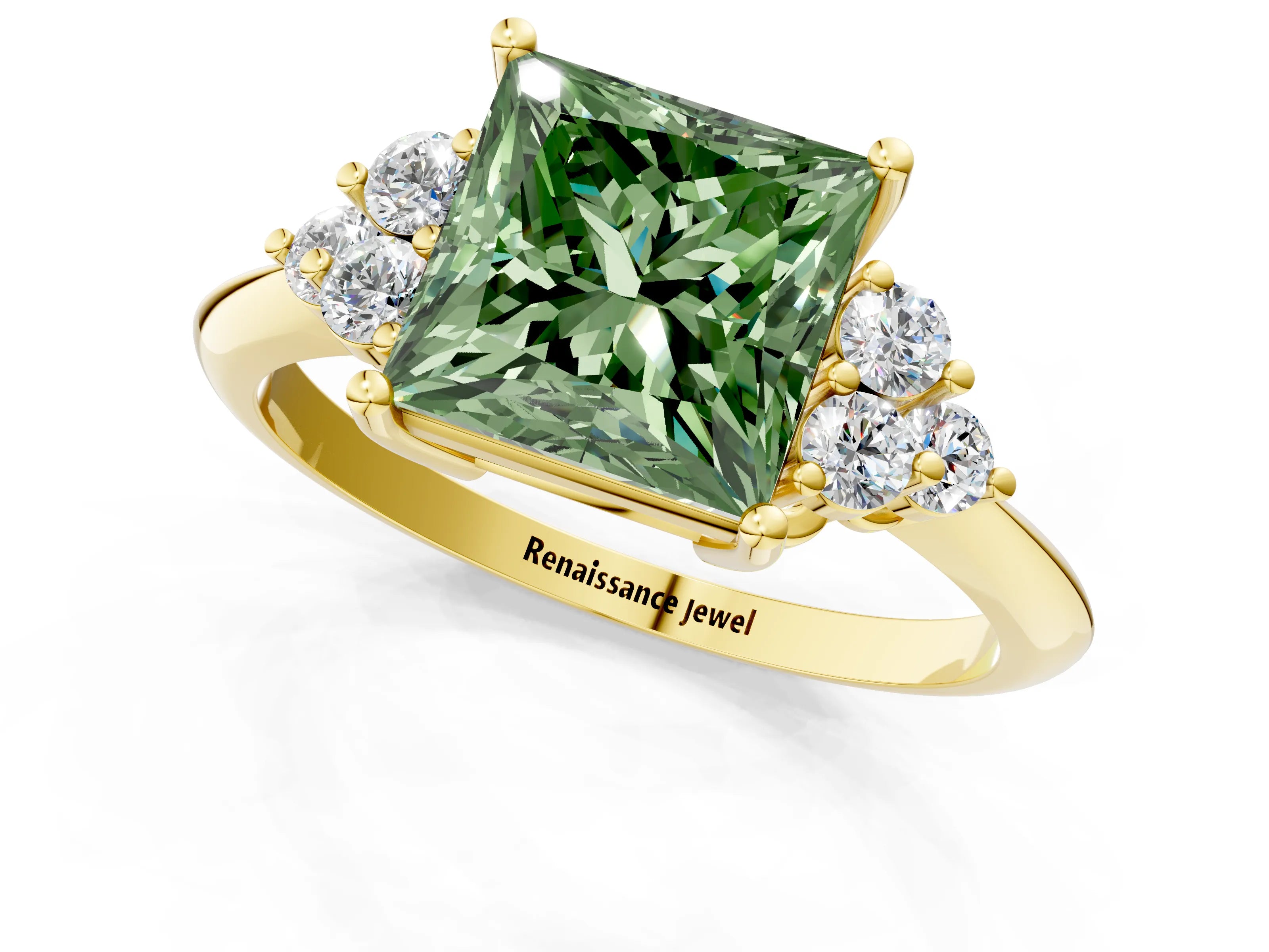 Yellow gold Fancy Green Princess Cut Cut Diamond Cluster Ring with Solitaire Band and Four-Prong Setting_13