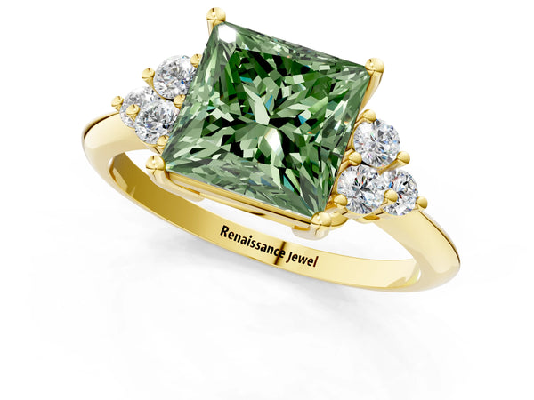 Yellow Gold Princess Cut Cluster Accent Engagement Ring Setting for Fancy Green Center