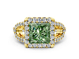 Yellow gold Fancy Green Princess Cut Cut Diamond Halo Engagement Ring with Open Split Pavé Band