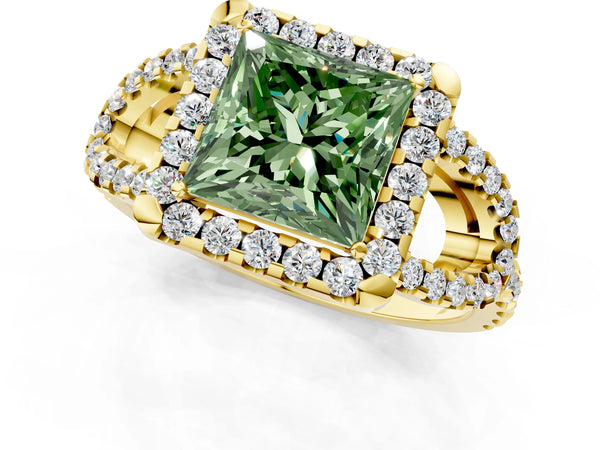 Yellow Gold Princess Cut Split Shank Pave Halo Engagement Ring Setting for Fancy Green Center