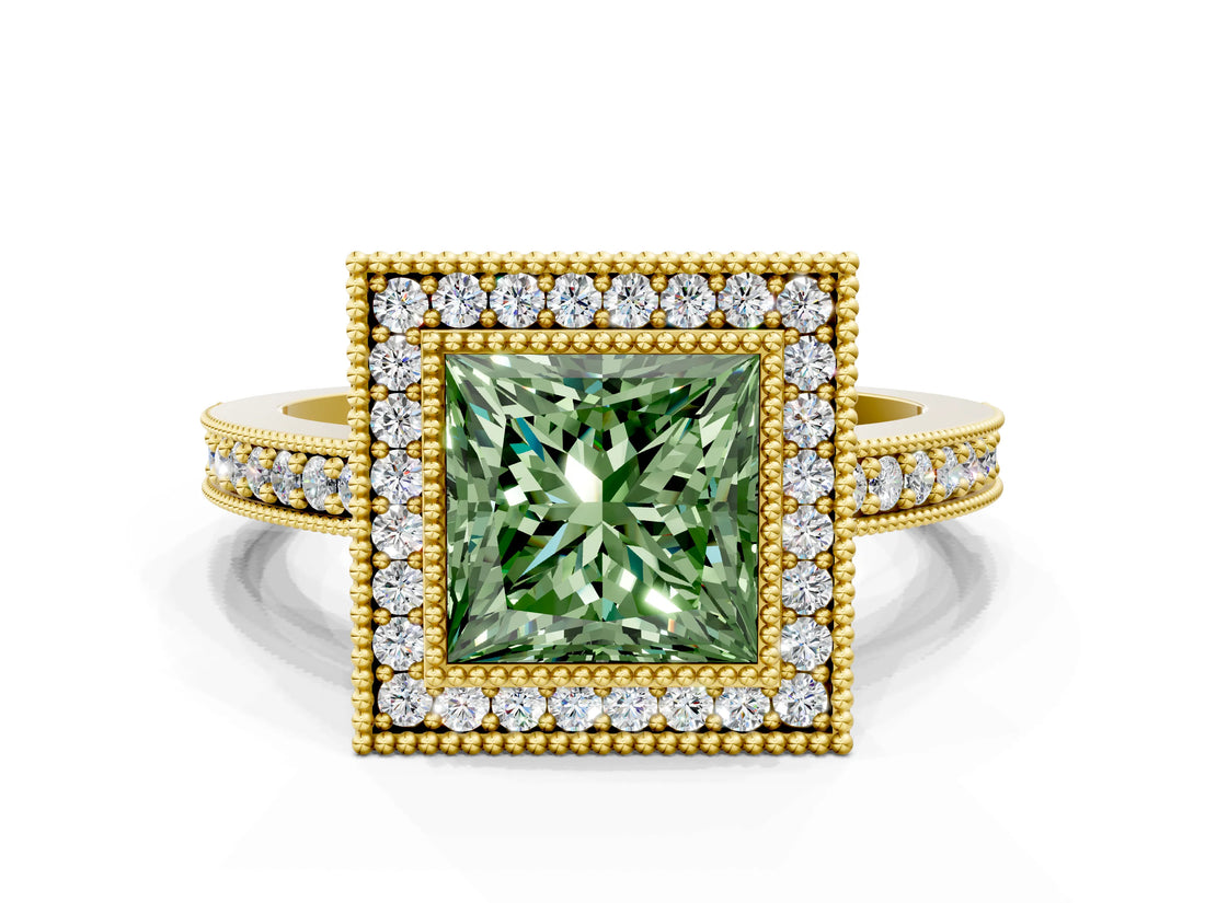 Yellow gold Fancy Green Princess Cut-Cut Diamond Halo Engagement Ring with Pave Band and Prong Setting