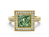 Yellow gold Fancy Green Princess Cut-Cut Diamond Halo Engagement Ring with Pave Band and Prong Setting