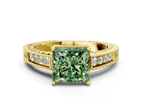Yellow gold Fancy Green Princess Cut Cut Diamond Milgrain Pave Band Four-Prong Setting Ring