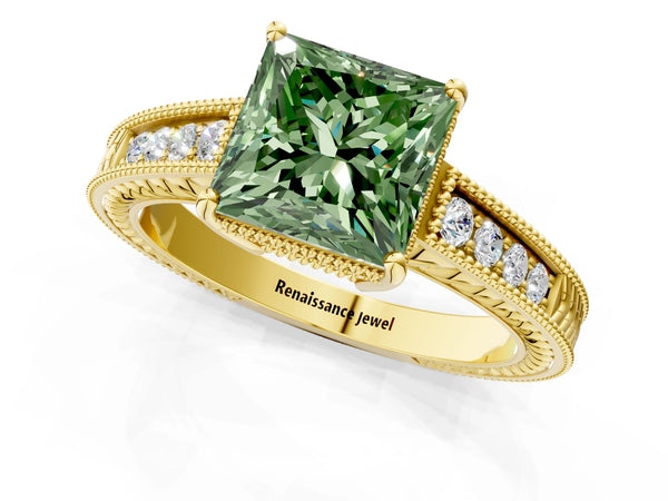 Yellow gold Fancy Green Princess Cut Cut Diamond Milgrain Pave Band Four-Prong Setting Ring