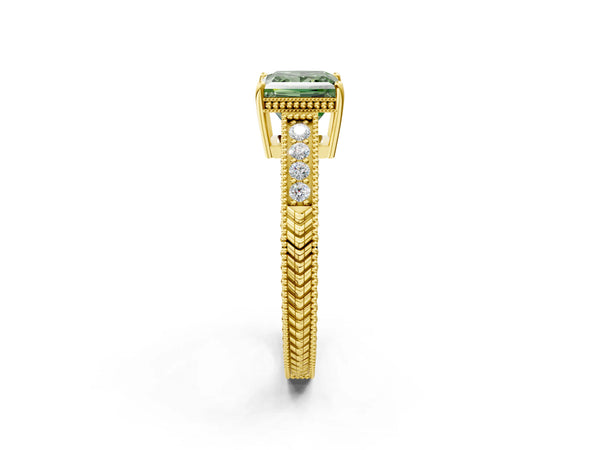 Yellow gold Fancy Green Princess Cut Cut Diamond Milgrain Pave Band Four-Prong Setting Ring
