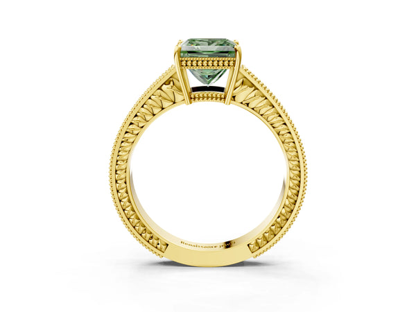 Yellow gold Fancy Green Princess Cut Cut Diamond Milgrain Pave Band Four-Prong Setting Ring
