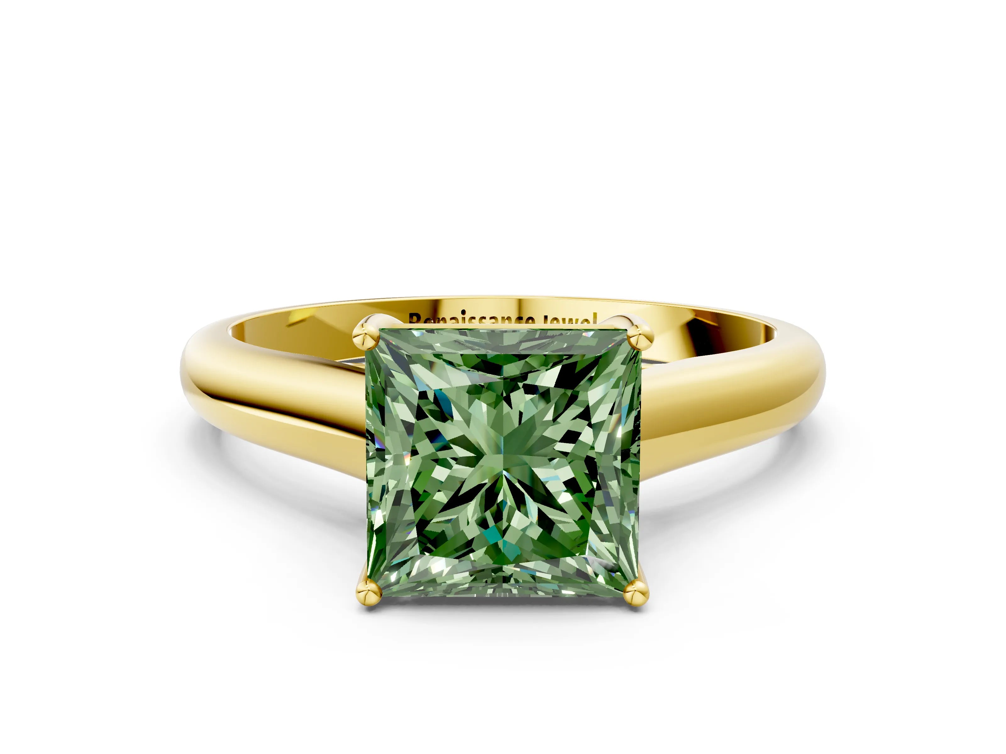 Yellow gold Fancy Green Princess Cut Cut Diamond Solitaire Engagement Ring with Tapered Plain Band and Four-Prong Setting